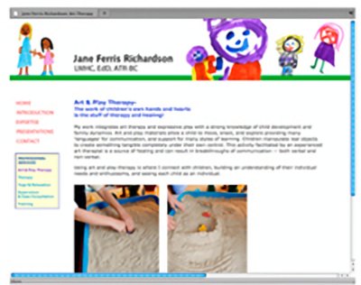 Home page of the Jane Ferris Richardson art and play therapy website, with children's drawings across the header